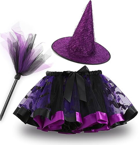 Veroda Halloween häxdräkt, tutu kjol, hatt, häxa, kvast för barn flickor, halloween, karneval, utklädnadsdräkt (lila, L (längd 110–125 cm))