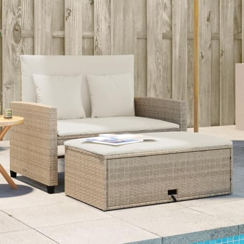 IKAYAA Gartensofa Ausziehbar mit Stauraum Liegefunktion Rattan Sofa 2 Sitzer Lounge Sofa Outdoor Kleines Balkon Sofa Bank Balkonmöbel Rattansofa Sitzbank Balkon Lounge Gartenbank