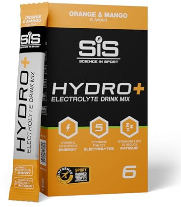 Science in Sport HYDRO+ Electrolyte Drink Mix 6x4,3g Naranja y mango - Electrolitos en polvo veganos, Bebida deportiva en polvo con vitamina C y 5 electrolitos importantes