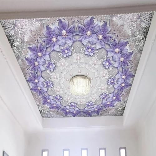 ELOIR Selbstklebende PVC-Deckenwandbild 3D-Tapete Retro lila Blumen Schmuck Wohnzimmer Schlafzimmer Deckendekoration Hintergrund Wandaufkleber