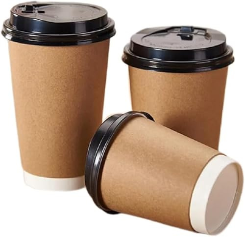 M7 Packaging Vasos de papel con tapas, desechables de papel kraft de 12 onzas, 16 onzas, marrón con tapas negras, bebida fría y caliente, capuchino espresso (100, 8 onzas/230 ml)