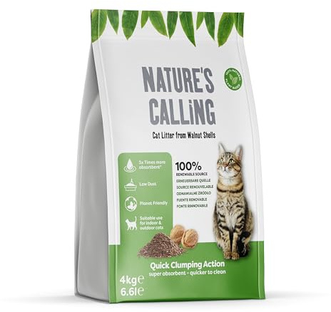 Nature's Calling 4Kg Walnut Shell Cat and Kitten Litter, Ultra Absorbent Clumping Litter, Biodegradable with Superior Odour Control Eco Friendly