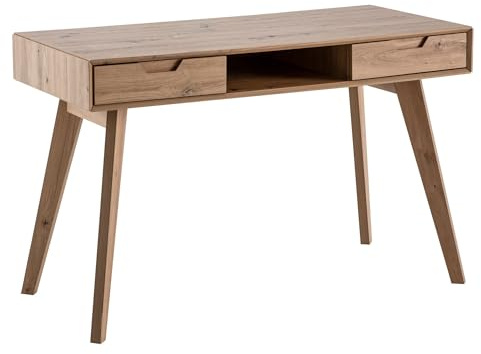 Schreibtisch mit 2 Schubladen und Eichen-Beinen | Bürotisch mit offenem Staufach | Computertisch Skandinavisches Design | Arbeitstisch für Home-Office & Wohnzimmer | 120x55x77 cm | Harz