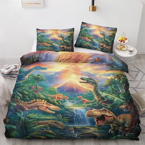 Generisch Dinosaurier Deko - Dinosaurier Bettwäsche 135x200 Winter, Jungen Dino Vulkan Bettbezug 135 x 200 2er Set mit 1 Kissenbezug 80x80, Weiche Mikrofaser Winterbettwäsche mit Reißverschluss J*&74
