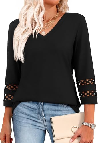 3/4 Length Sleeve Womens Tops Dressy Casual Blouses for Women Trendy V Neck Shirts Work Beach Vacation Essentials Black M
