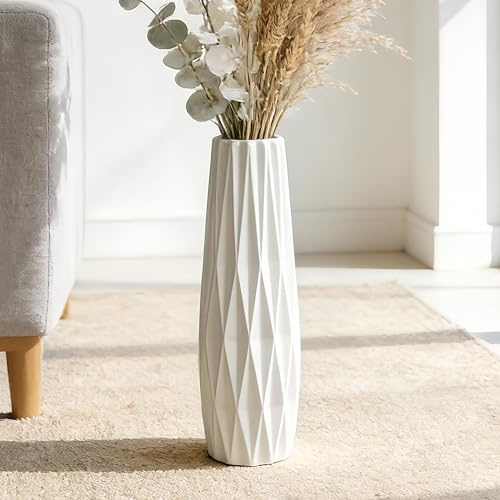 TDIAVH Jarrón de cerámica blanca de 15.7 pulgadas, jarrones blancos grandes para suelo, sala de estar, dormitorio, oficina, jarrón alto de esmalte brillante para flores, jarrones decorativos de