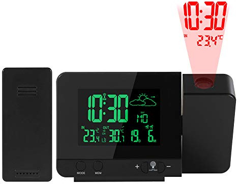Réveil météo numérique multifonction avec écran de projection, écran LCD, température intérieure et extérieure, noir