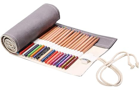Sgphrzlt 72 Slots Pencil Roll Up Case, Portable Canvas Artist Color Pencil Organizer Storage Holder, Large Capacity Colored Paint Brush Pen Roll Wraps Bag for Art Drawing Painting Sketching, Gray