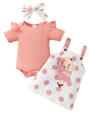 Asmea Vestiti Neonato Femmina,Body Neonata Maniche Corte a Volant + Stampa di Orso Bretella Gonna,Regalo Neonata Femmina Abbigliamento Bimba Completo Bambina Tutina Neonato 9-12 Mesi