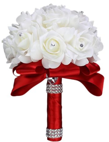 GreatRise Brautstrauß Gefälschte Weiß Rose Bouquet Künstliche Blumenstrauß Handstrauß mit Strass Brautjungfern Blumensträusse Romantische Blumen Strauß für Hochzeit Braut Geständnis Rot