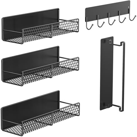 5-Pack Magnetic Shelves for Laundry Room Organization, Strong Hold Refrigerator & Washing Machine Shelves, Includes Spice Rack, Hanger Organizer Stacker & Utensil Hooks, No Drill Installation