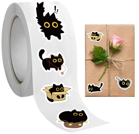 Katzen Sticker Rolle - Lustige Comic Schwarzes Kätzchen Laptop Aufkleber,500 Sticker/Rolle, Katzen Motive Für Briefe Flaschen Laptops Tagebücher Deko Jugendliche Erwachsene Kinder Geschenke