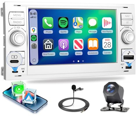 【4+64G】 Hodozzy Carplay Autoadio für Ford Transit Fiesta Focus mit USB/USB C, 7 Zoll Ford Autoradio 2 Din Bluetooth mit Android Auto/Navi/WiFi/32 EQ/FM/RDS/SWC+Rückfahrkamera,Silber