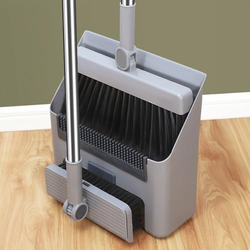 BEOSIOR Broom with Dustpan Combo Set, Brooms for Sweeping Indoor and Outdoor 3 in 1 Long Handle Broom, Brush and Dustpan Set,Broom Heavy-Duty for Home Cleaning Bathroom Kitchen (Grey)