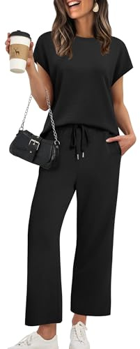 XIEERDUO Two Piece Outfits for Women 2 PC Lounge Sets Summer Cap Sleeve Tracksuits Spring Wide Leg Loungewear Travel Track Suits Airport Sweatsuits Vacation Clothes Matching Clothing Black S