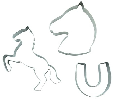 BekkiB - Lot de 3 emporte-pièces « Cheval, fer à cheval et tête de cheval » - Emporte-pièces en acier inoxydable - Passe au lave-vaisselle - Pour la cuisson des biscuits - 998822