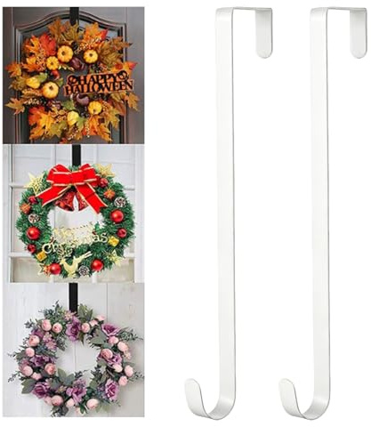 Aliangting 2-Pack Metal Christmas Wreath Door Hanger, 12-Inch Garland Hanger White Christmas Wreath Hooks - No Drill Wall Hooks for Front Door, Home, Office, and Wedding Decorations