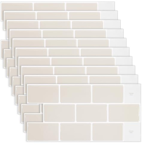 Thicker Wall Tiles Self Adhesive, 10Pcs Beige Stick on Tiles, 3D Peel and Stick WallTiles Waterproof Tile Stickers Splashback for Kitchen, Bathroom, Living Room, Sink, RV, TV Background - 12x6 in