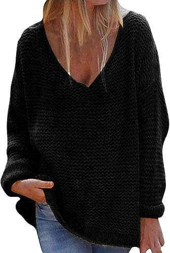 Jersey De Mujer Ropa Mujer Talla Grande Invierno Suelto con Cuello En V A La para Suéter De Manga Larga Color Sólido Tops Jerseys Finos Jersey Cuello Pico Black XXXL