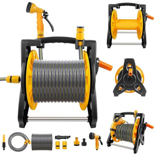 30M Garden Hose Reels with Anti-Slip Handle, Lightweight Portable Hose Pipe Reel Prevents Twisting Free Standing or Wall Mounted Mobile Hose Reels with 7 Pattern Nozzle, Fittings, for Home Patio Deck