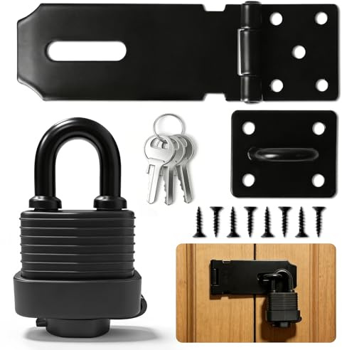 Steel Padlock Hasp, 4 Inch Heavy Duty Padlock Hasp with Screws, Stainless Waterproof Door Lock, Shed Lock Latch Staple for Bedroom Bathroom Cabinet Pet Cage, with Padlock & Keys