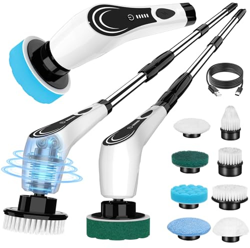 Electric Spin Scrubber, Cordless Power Scrubber with 8 Replaceable Brush Heads, 2-Speed Adjustable Handle, IPX7 Waterproof Shower Scrubber for Bathroom, Tile, Tub, Teens, White-qe1
