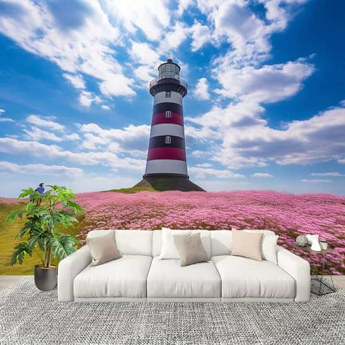 Fotomurales Decorativos Pared 3D Romance Faro Mar De Flores. Papel tapiz Fotográfico Grande Extraíble 250X175 Cm Azul Papel Pintado Moderno de lujo, Murales Interiores, Mural Stickers
