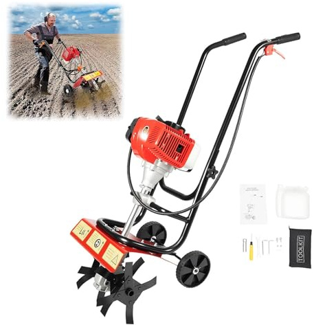 HUOMMGS 52 cm³ Motoculteur Thermique Motobineuse | 1900W | 2 Temps Moteur | Largeur de Travail 360mm | Profondeur de Travail 100mm | Motoculteur Essence avec Gardeboue pour Ferme