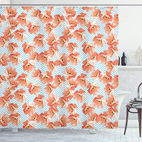 ABAKUHAUS Koralle Duschvorhang, Romantisches Mohnblu, Stoffliches Gewebe Badezimmerdekorationsset mit Haken, 175 x 180 cm, Coral Pale Blau Gelb