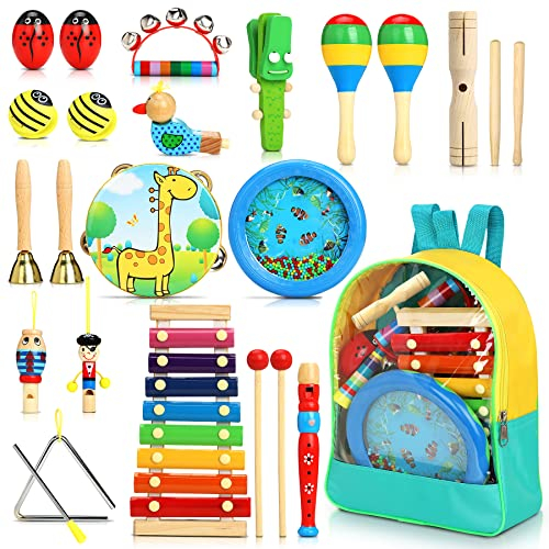 Jojoin Toddler Musical Instruments - 24PCS Baby Musical Instrument - Kids Wooden Percussion Musical Instruments Toys with Tambourine Xylophone - Musical Sensory Instruments Toys for 3 4 5 Year Old