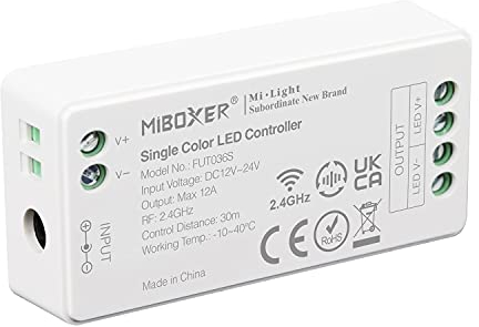 LIGHTEU®, Milight Miboxer Controller per strisce LED dimmer monocolore da 2,4 GHz Uscita DC12V/24V max. 12A, PWM alta/bassa frequenza FUT036S