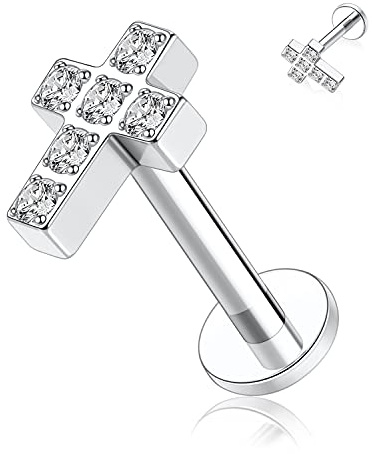 hengkaixuan 16G G23 Titan Flat Back Labret Studs Innengewinde Lippen Studs Tragus Piercing Labret Schmuck 6mm Monroe Medusa Helix Lip Piercing Silber Lobe Knorpel Conch Ohrring Schmuck mit Kreuz CZ
