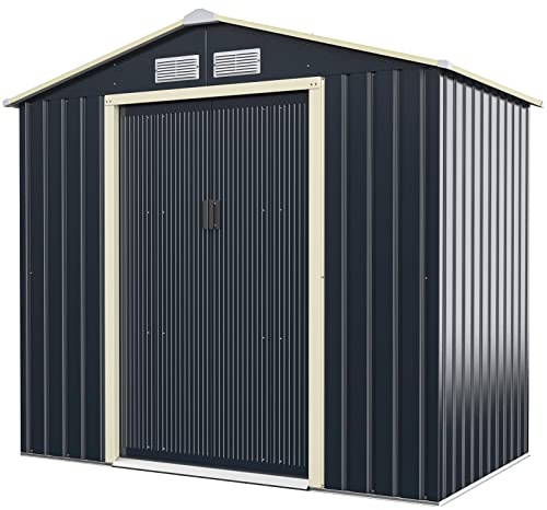 COSTWAY 7’x4’/8’x4’/9’x6’/11’x8’ Metal Storage Shed, Outdoor Lockable Tool Storage Box with 2/4 Vents, Double Sliding Door and Sloped Roof, Weatherproof Garden Shed House Hut (7 x 4FT, 4 Vents)
