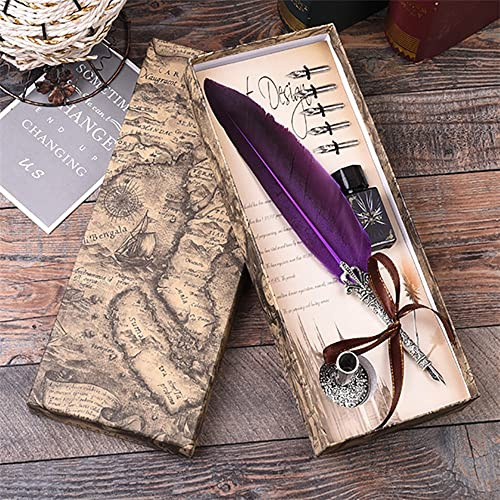 Tikwisdom Set di penne per calligrafia, penna a forma di piuma, realizzata a mano in vera piuma e pennino in acciaio inox, inchiostro incluso, penna da scrittura aggiornata (viola)