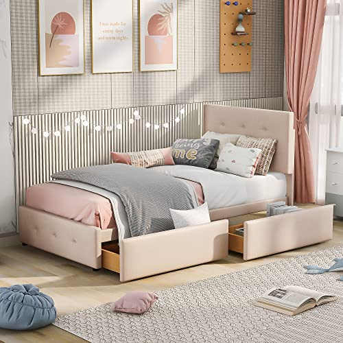 MYBOO Polsterbett 90 x 200 cm Bett mit Lattenrost, Rückenlehne und Zwei Schubladen, hautfreundlicher Samtstoff Beige flaches Einzelbett Kinderbett Jugendbett Gästebett (Dunkelbeige)