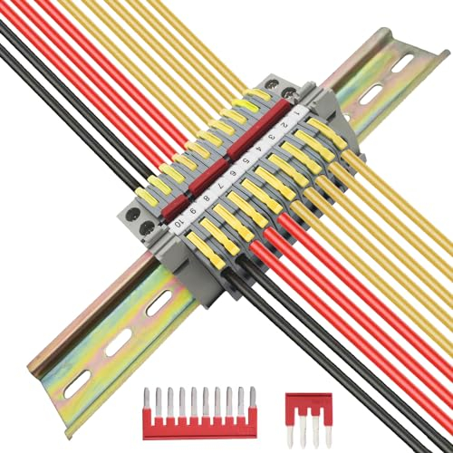 Din Rail Terminal Block Kit, 10 pcs Yellow Quick Connection Terminal with Marker Strips,Securing clipand, Guide Rail and Connection bar, CTRICALVER Universal DIN Rail Connectors