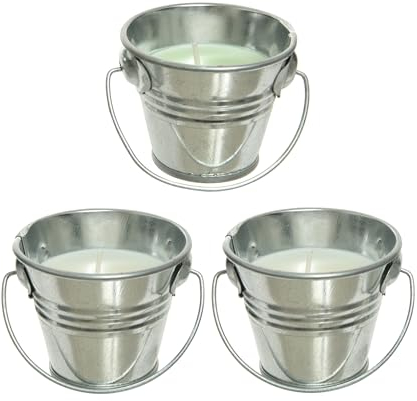 Candela alla citronella, 6 cm, set da 3 pezzi, in secchio di metallo con manico, per esterni, per giardino, balcone, campeggio, esterni, piccola candela da giardino in cera con olio di citronella,