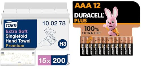 Tork extra weiche Zickzack Papierhandtücher Premium 100278 - H3 Falthandtücher für Zickzack Papierhandtuchspender - besonders saugfähig & Duracell Plus Batterien AAA