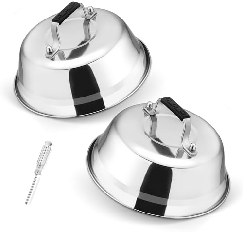 TEAMFAR Burgerglocke, 2 Stück Hitzebeständig Edelstahl Burger Glocke 22,8cm | Burgerhauben mit Silikongriff, Schmelzglocke Abdeckhaube für Teppanyaki und Grill & Küche Kochen, Innen & Außen, 22,8x8cm