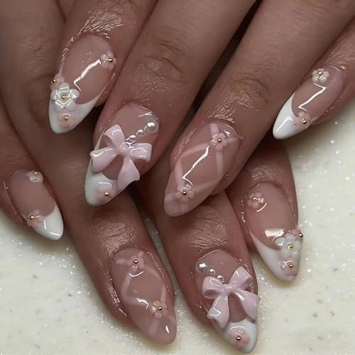 MouyouGlow Press on Nails Kurz,Almond Nude Weiß French 3D Bow Schleife Blumen Floral Pearl Sweet Coquette Fake Nails mit Nagelkleber,Y2K Baby Pink Lace Künstliche Fingernägel