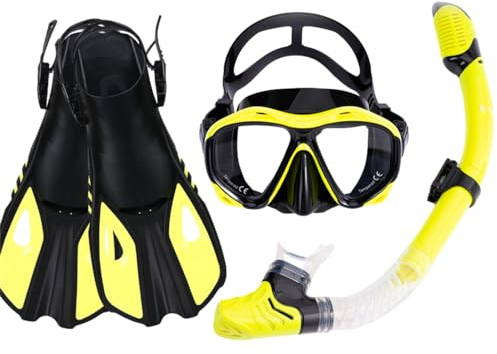 Schnorchelausrüstung für Erwachsene, 3-in-1-Schnorchelset mit Panorama-Tauchmaske, Anti-Beschlag- und Auslaufschutz, Dry-Top-Schnorchel, Flossen (gelb, S/M)