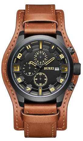 BUREI Reloj de Hombre cronógrafo Vintage marrón Correa de Cuero multidial Calendario Impermeable Reloj de Cuarzo simulado clásico Deportivo para Hombre Regalo, Retro (marrón)