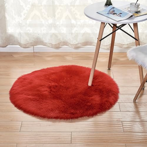 YUGWNN Rot Fellteppich Kunstfell Teppich Bettvorleger Fell,Schafsfell Fell füR StüHle,Runder Durchmesser 90cm/35,4in