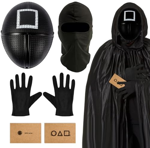 Xionghonglong The Koreanische Spiel Maske, Dreieck, Quadrat, Sturmhaube, Schwarz Handschuhe, 10 Spielkarte, Koreanische Spiel-Maske, 2 Motive zur Auswahl, Passend zum Karneval-Halloween-Thema