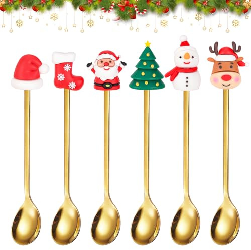 HOWAF Weihnachtslöffel Set，6er Edelstahl Löffel Weihnachten mit Weihnachtsanhänger, Kaffeelöffel Weihnachten Teelöffel, Rührlöffel, Dessertlöffel für Weihnachtsbesteck, (Gold)