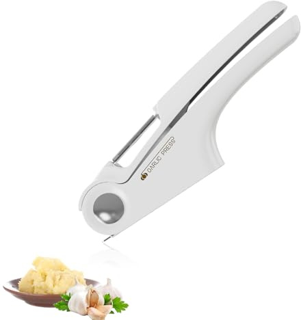 Knoblauchpresse, 4 in 1 Knoblauchpresse Edelstahl, Knoblauchschneider mit Flaschenöffner und Schäler, Garlic Press Leicht zu Drücken und zu Reinigen, Spülmaschinenfest (Weiß)