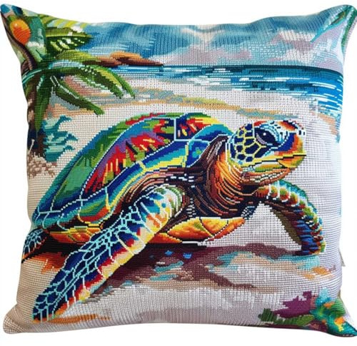 RKFLGEW DIY knüpfen set anfänger Bunte Schildkröte knüpfkissen mit vordruck Graffiti-Tiere DIY-Kissenbezug，Häkelgarn，Nadel，Basteln，handgefertigtes Kissen für Zuhause，Sofa-Dekoration 43x43cm