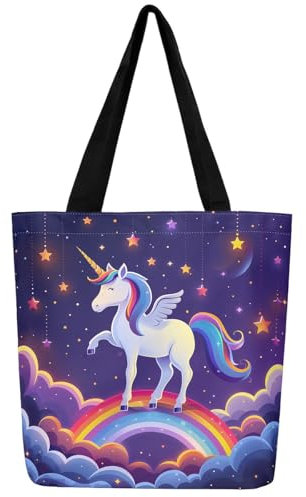 Homewish Nette Einhorn Canvas Tragetasche Regenbogen Einhorn Canvas Tasche, Kawaii Cartoon Lebensmitteltasche Glitter Sterne Einkaufstasche Polka Dots Tote Bag