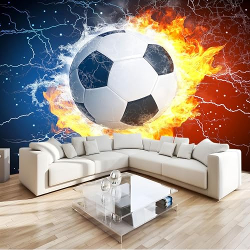 Photo Wallpaper Ice and Fire Football, 350 x 256 cm Mural Large TV Background, Blue Red Non-Woven Murals for Lounge & Living Room Decoration Wall Covering