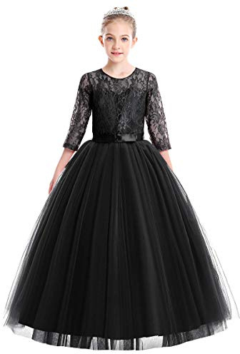 ABEHIK Mädchen Blumenmädchen Hochzeit Spitze Tütükleid Prinzessinkleid Sieben-Viertel-Ärmel Florale Abendkleid für Kinder Festliches Tüll Partykleid Maxikleid schwarz 160